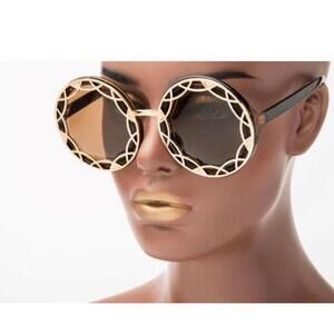 Women’s Oversized Round Sunglasses Brown with flat pattern gold frame Art Deco